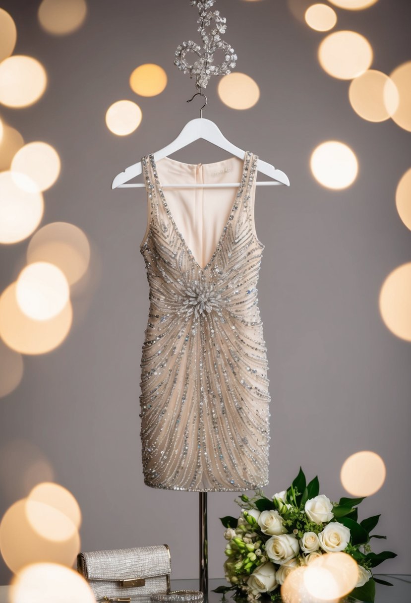 A beaded glam mini dress hangs on a mannequin, surrounded by sparkling accessories and a bouquet of flowers