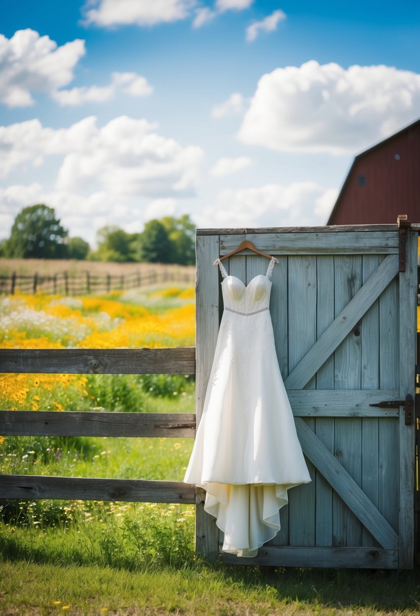 A rustic barn setting with wildflower-filled fields, a wooden fence, and a vintage-inspired A-line wedding dress hanging from a weathered door