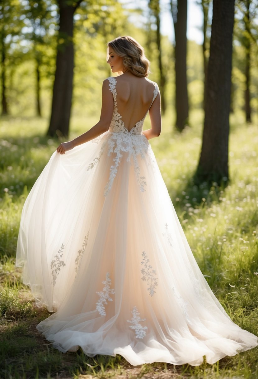 A flowing tulle skirt adorned with delicate lace accents billows gently in a sun-dappled forest clearing, creating an ethereal and romantic wedding dress