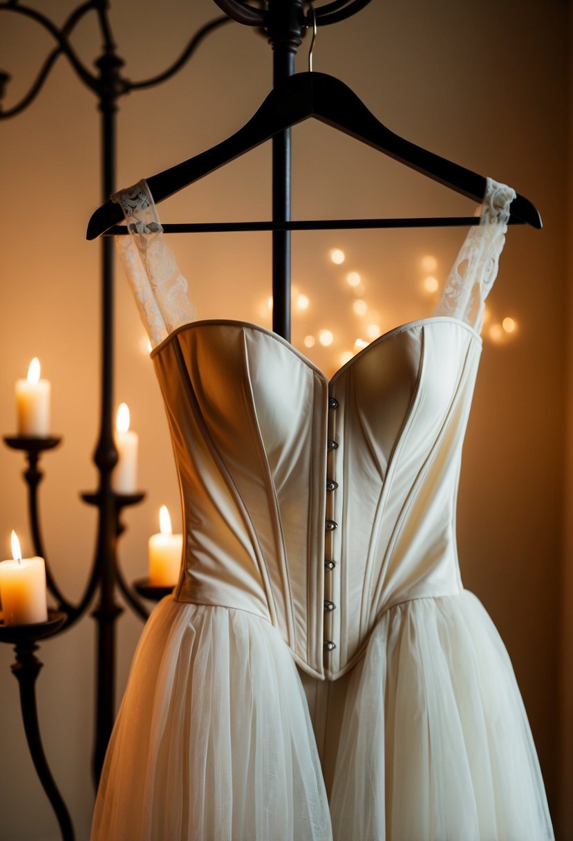 A delicate sheer corset dress hanging on a vintage coat rack, illuminated by soft candlelight