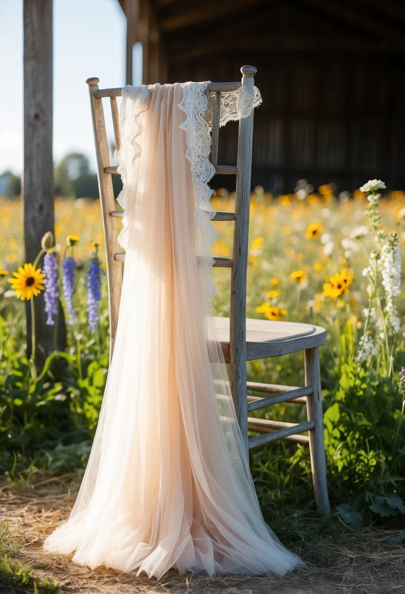 A rustic tulle skirt drapes over a weathered wooden chair in a sunlit barn, surrounded by wildflowers and vintage lace accents