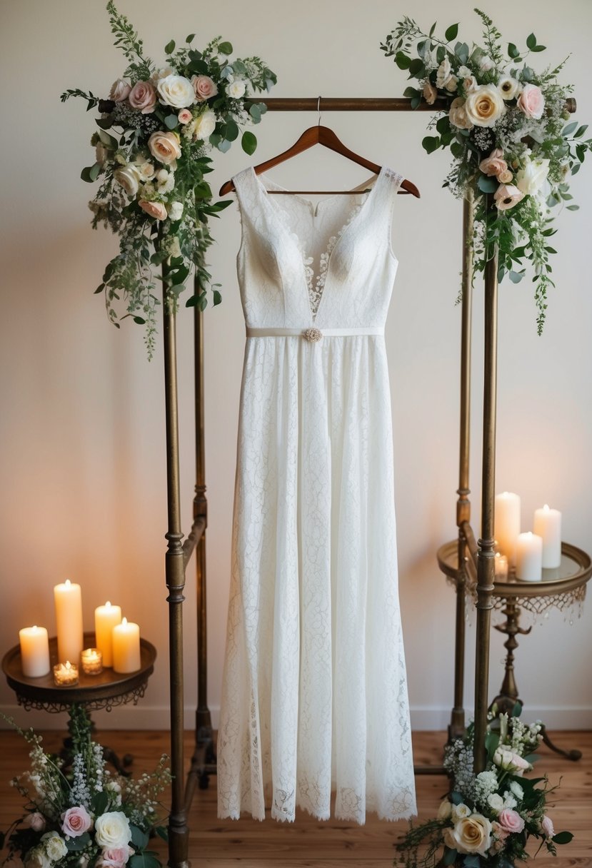 A lace white dress hanging on a vintage coat rack, surrounded by soft candlelight and delicate floral arrangements