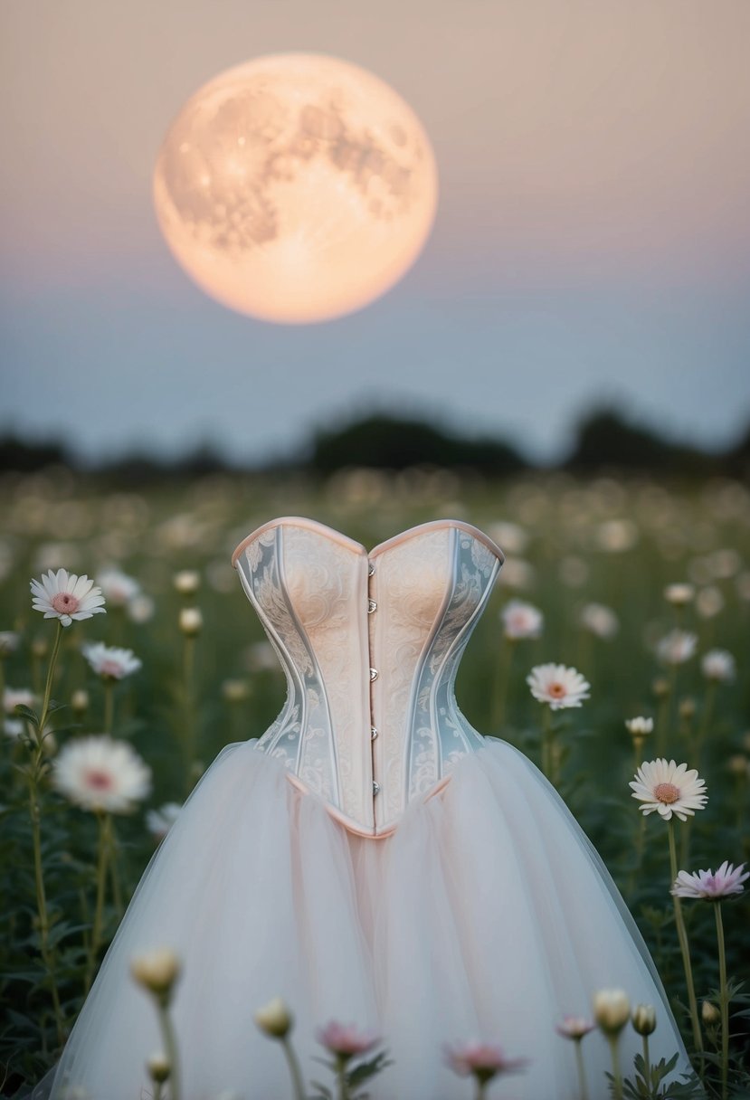 A heart-shaped corset gown floats amid a field of delicate flowers under a soft, glowing moonlight