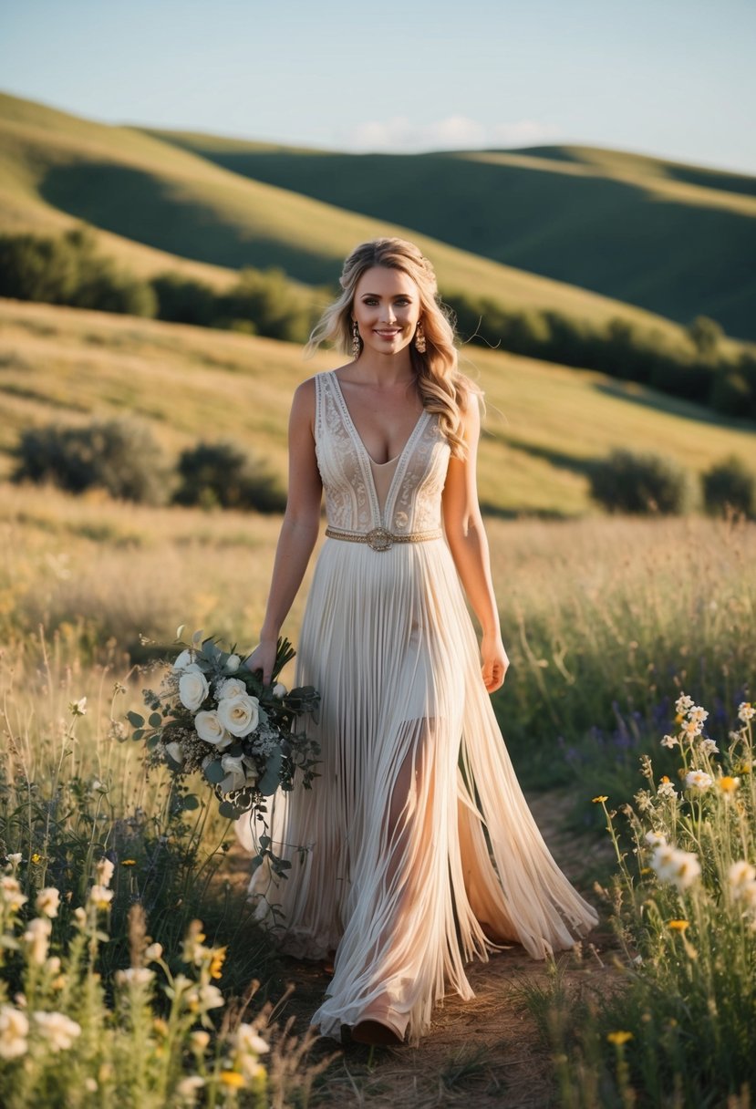 A rustic outdoor wedding with a bride wearing a flowing western fringe dress, surrounded by rolling hills and wildflowers