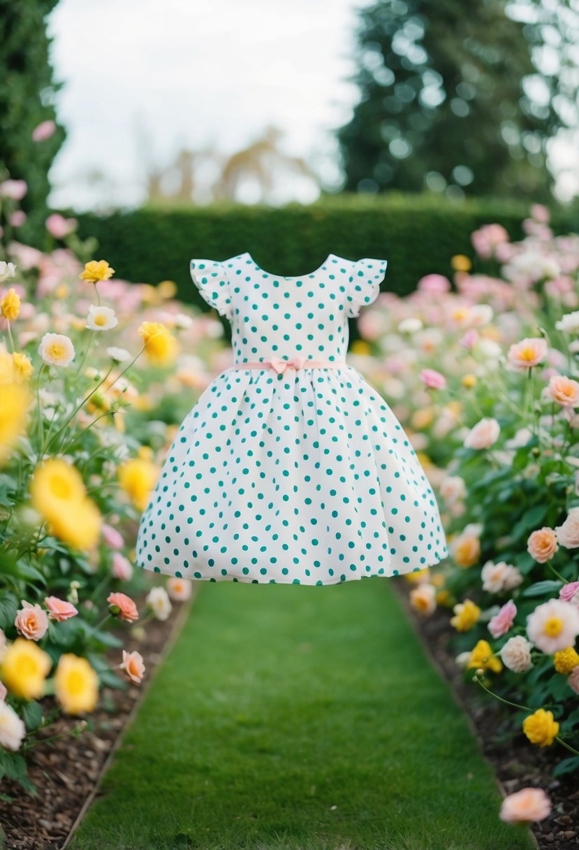 A whimsical polka dot print dress floating in a garden of pastel flowers