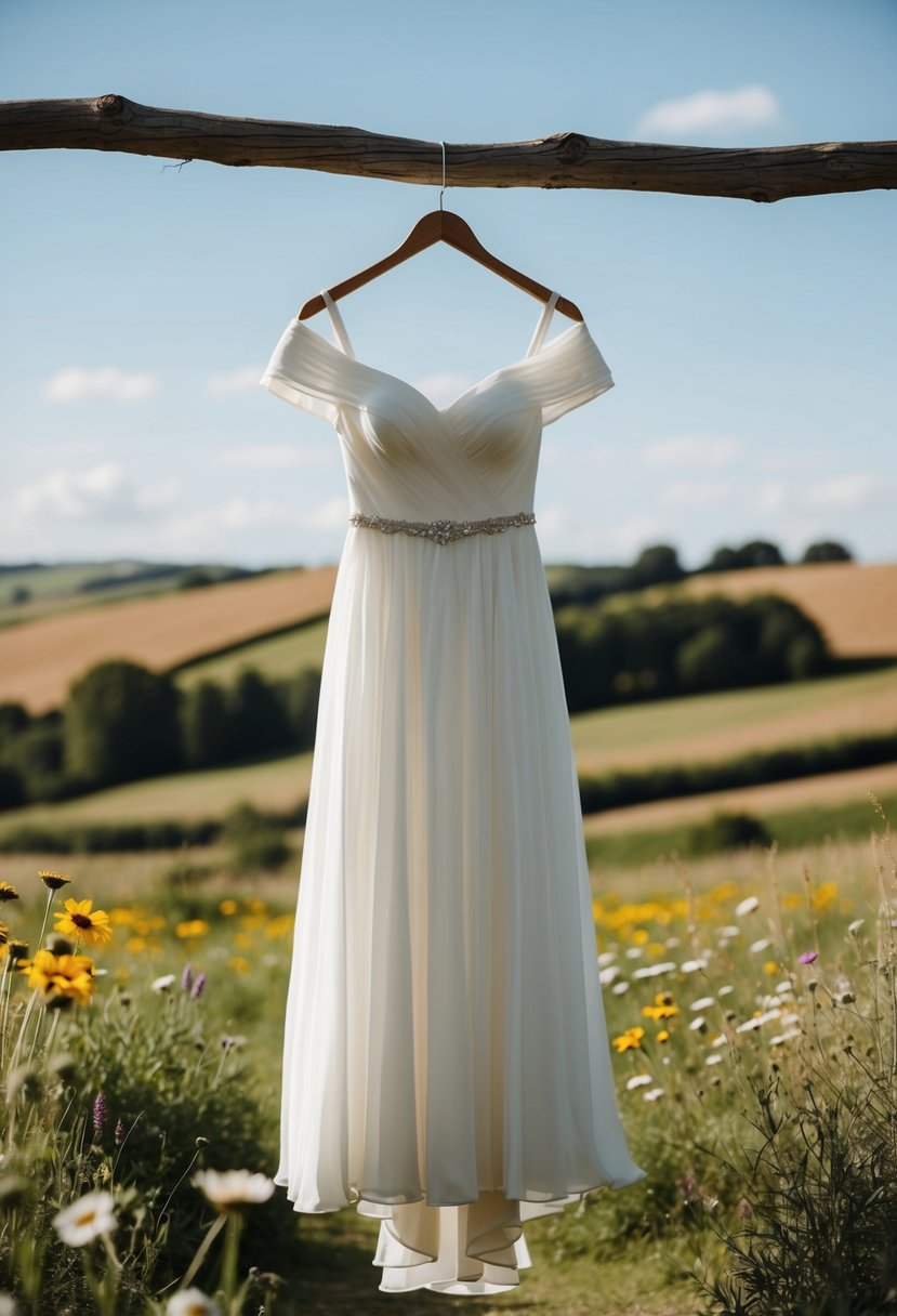 An off-shoulder chiffon wedding dress hangs on a rustic wooden hanger, surrounded by wildflowers and a rolling countryside landscape in the background