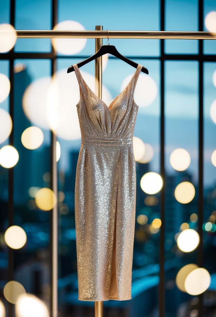 A sparkly, glamorous midi dress hangs on a sleek mannequin, catching the light and shimmering with every movement