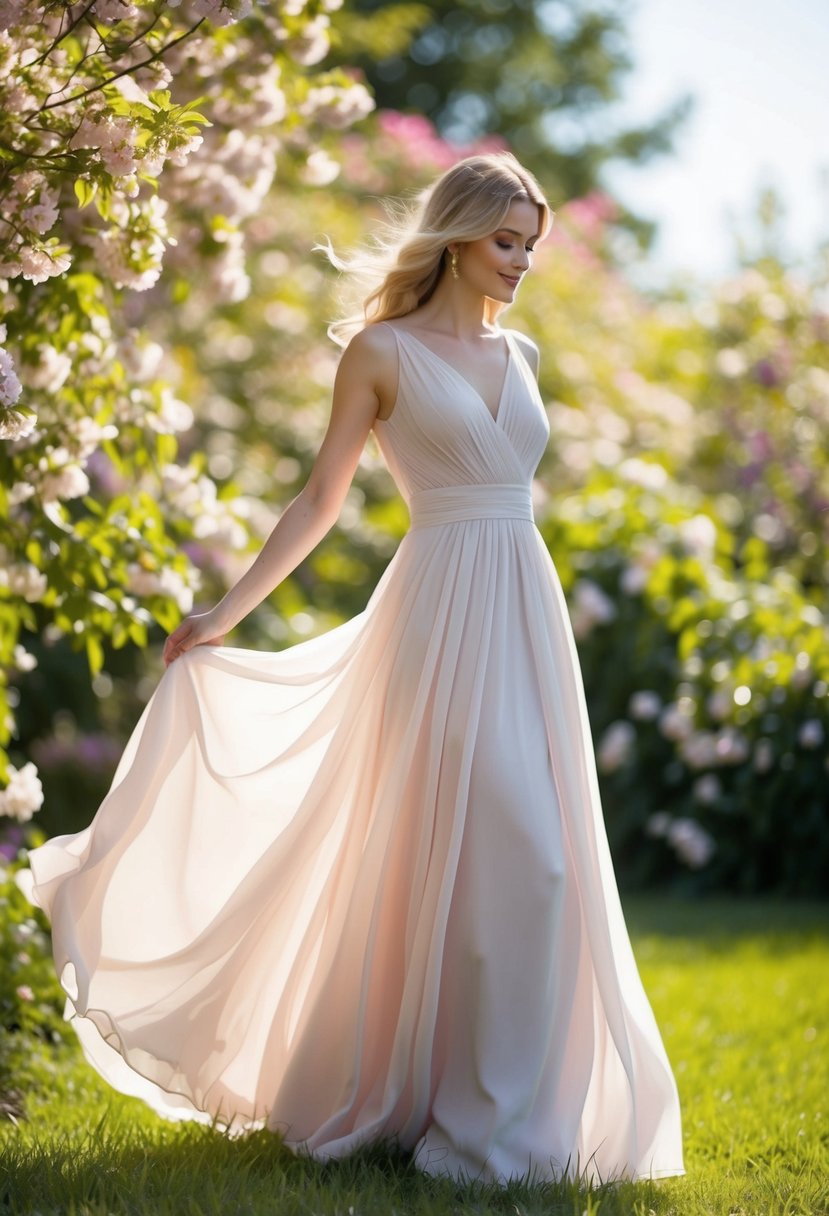 A soft, flowing chiffon A-line dress billows in a gentle breeze, surrounded by blooming flowers and dappled sunlight