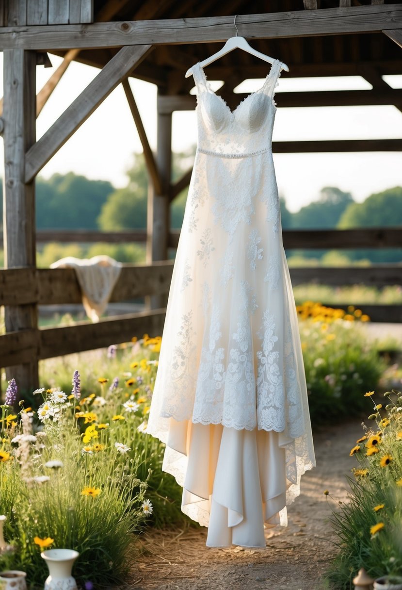 A rustic barn setting with a flowing lace wedding dress hanging from a wooden beam, surrounded by wildflowers and vintage decor