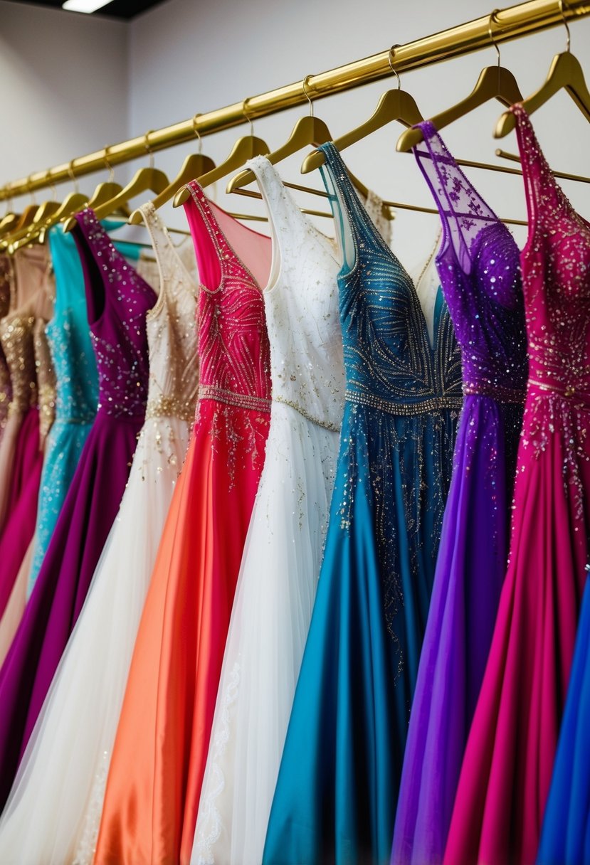 A row of vibrant, flowing gowns hang on golden hangers, each adorned with intricate beading and delicate lace detailing, creating a stunning display of after party wedding dress ideas