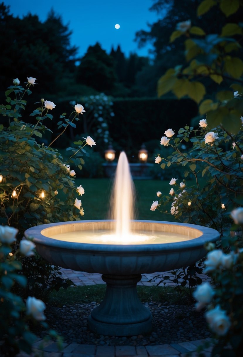 A serene, moonlit garden with a softly glowing fountain, surrounded by delicate, trailing vines and blooming white roses