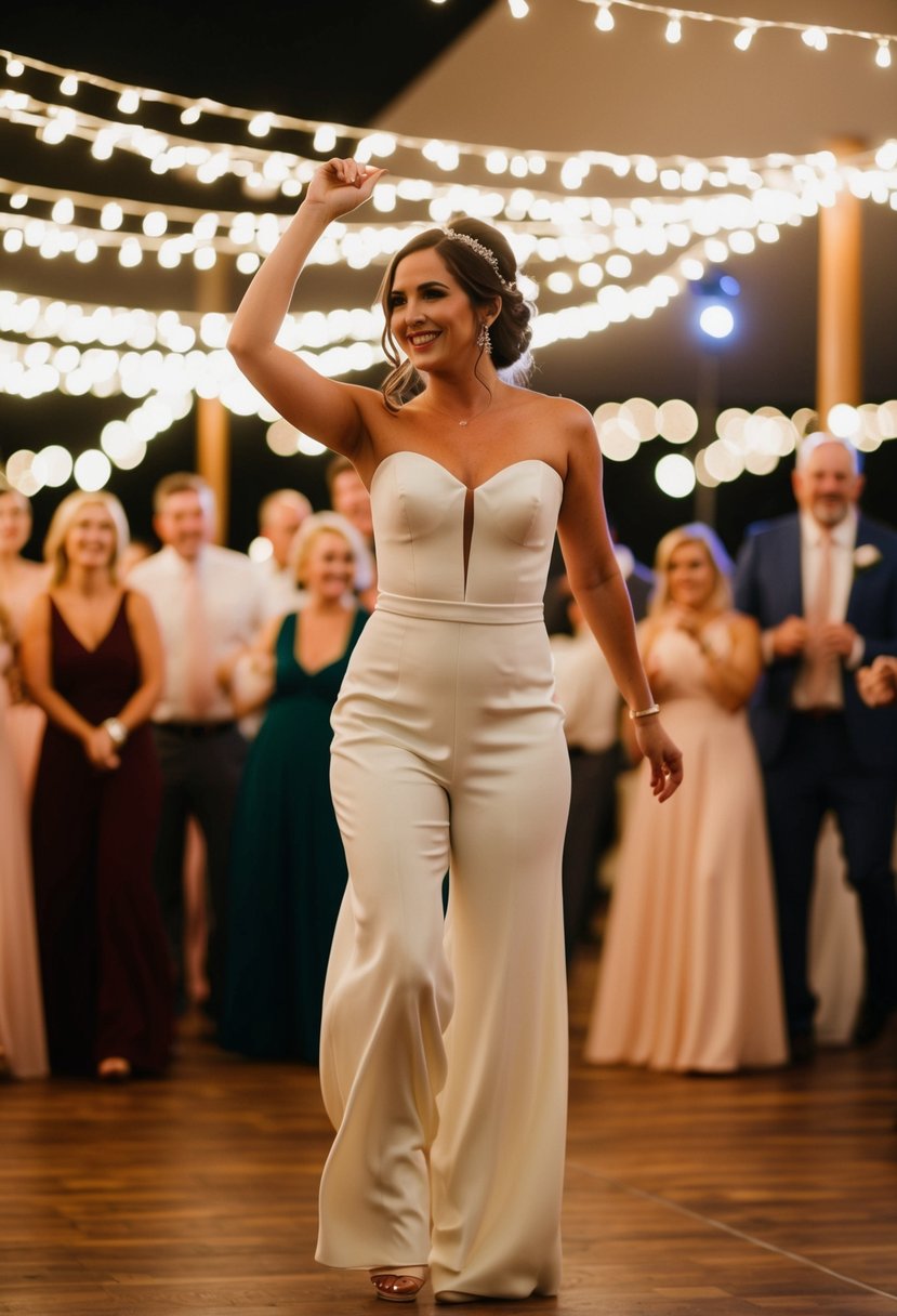 A bride in a sweetheart neckline jumpsuit dances under twinkling lights at her post-wedding celebration