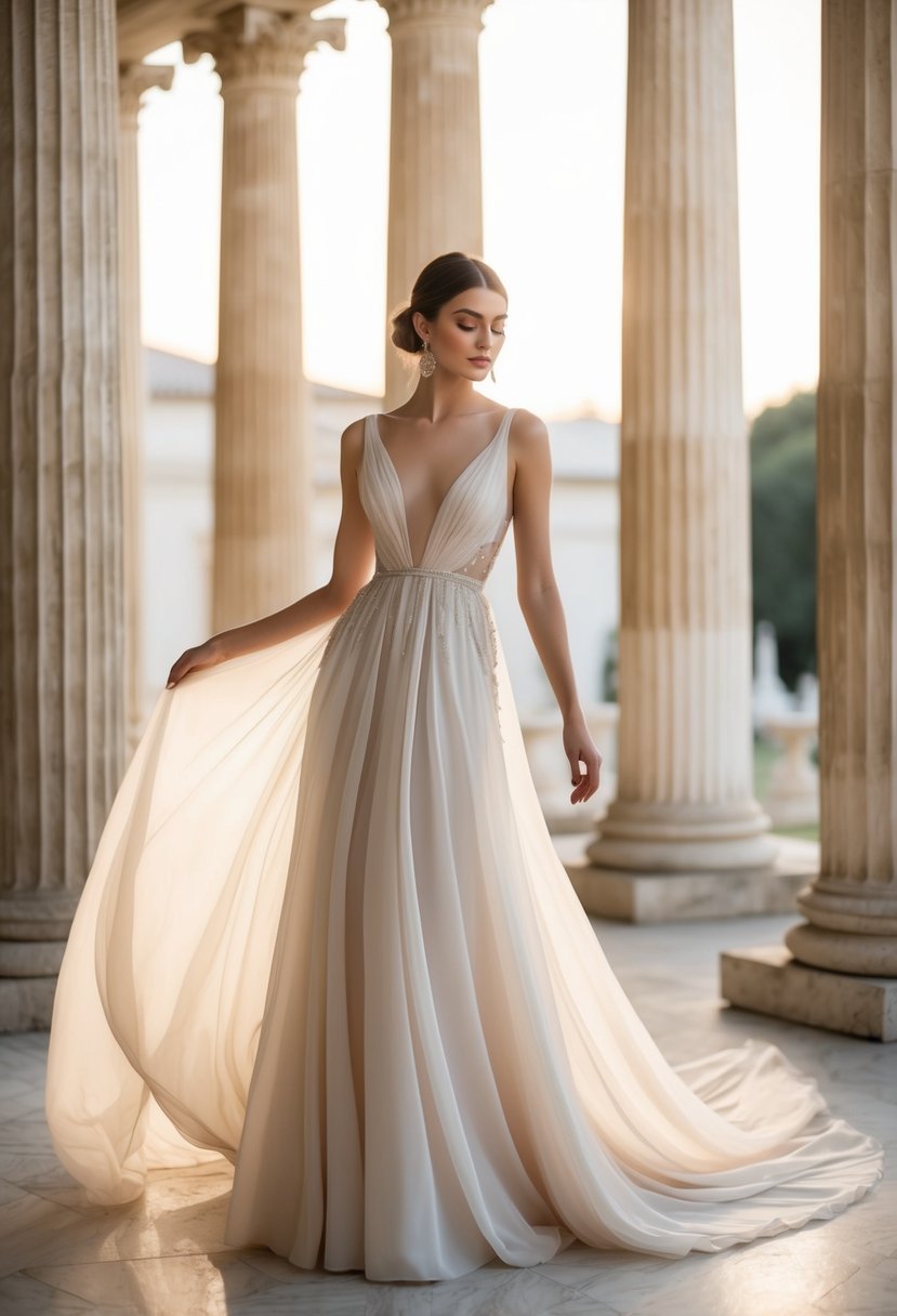 A flowing Grecian-inspired gown drapes elegantly, with ethereal details and delicate fabric, set against a backdrop of ancient columns and soft, dreamy lighting