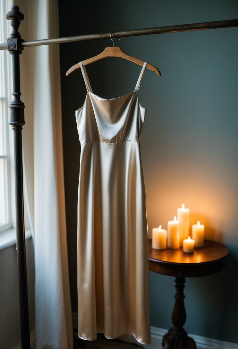 A satin slip dress hangs on a vintage coat rack, bathed in soft candlelight from a nearby table