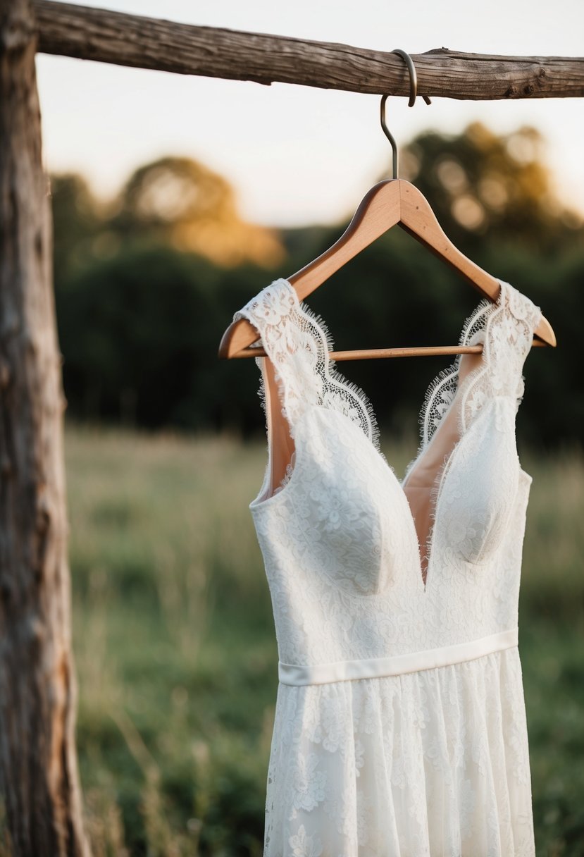 A rustic outdoor wedding setting with a lace v-neck cap sleeves dress hanging on a vintage wooden hanger