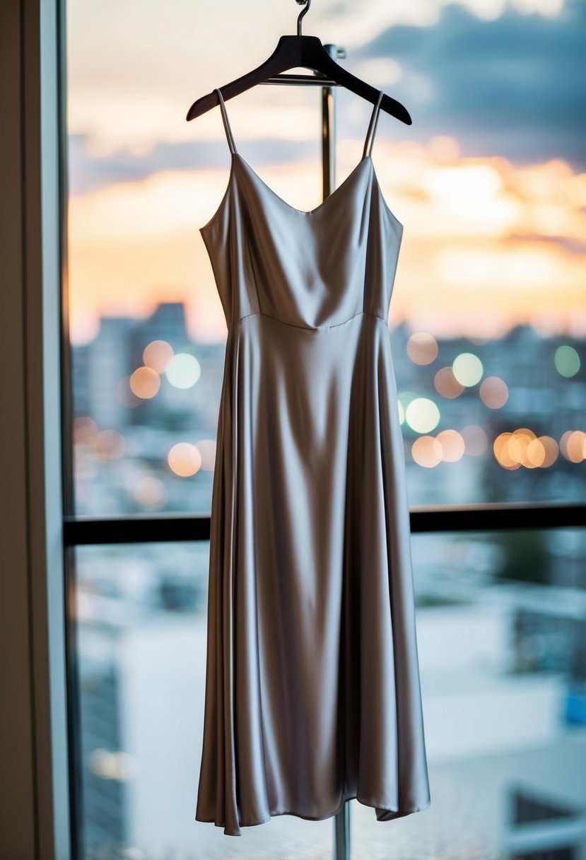 A flowing silk slip dress hanging on a sleek modern mannequin