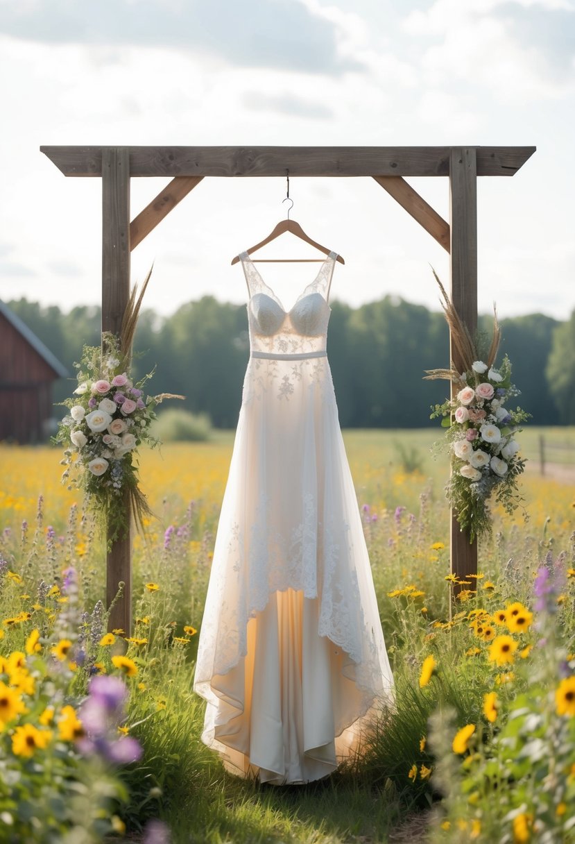 A rustic barn setting with wildflowers and a wooden archway, showcasing a high-low hem wedding dress with lace and floral accents