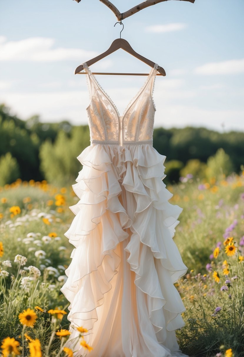 A flowing, ruffled bohemian wedding dress hangs from a rustic wooden hanger surrounded by wildflowers and vintage lace