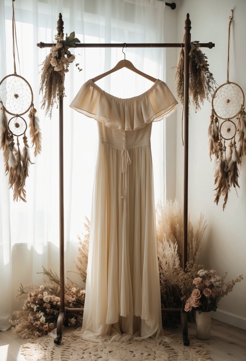 An ethereal off-the-shoulder dress hangs on a vintage coat rack in a sunlit bohemian bedroom, surrounded by dried flowers and dreamcatchers