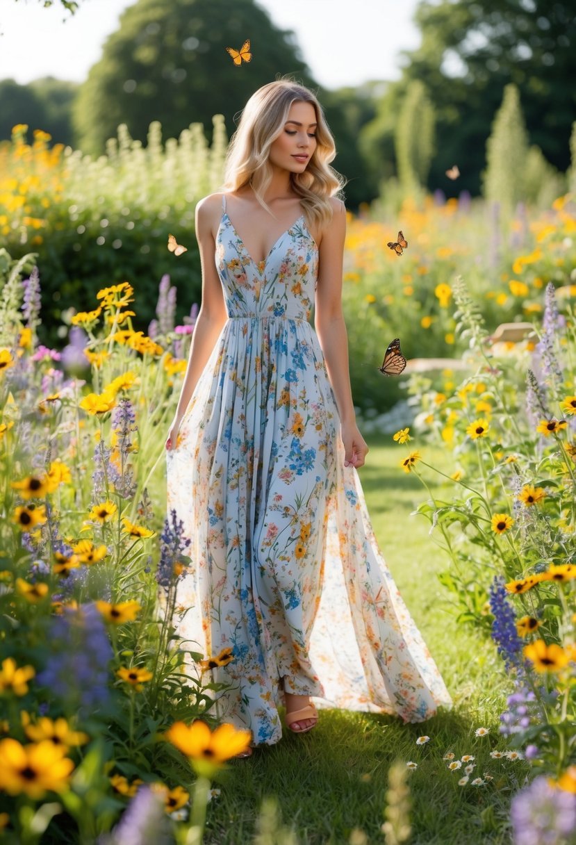 A flowing, floral-patterned dress surrounded by wildflowers and butterflies in a sun-drenched garden