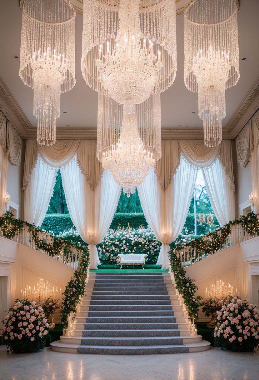 A grand ballroom with cascading crystal chandeliers, delicate lace curtains, and a grand staircase leading to a garden filled with blooming roses and twinkling fairy lights