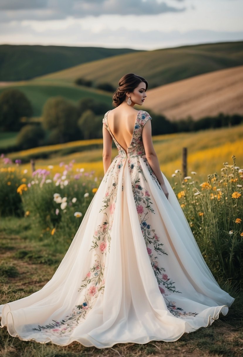 A flowing gown adorned with intricate floral embroidery, set against a rustic countryside backdrop with rolling hills and blooming wildflowers