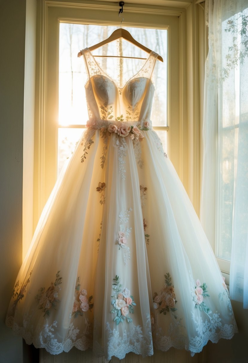 A vintage-inspired tea-length dress hangs on a hanger, surrounded by delicate lace, floral appliques, and soft tulle. Sunshine filters through a nearby window, casting a warm glow on the ethereal gown