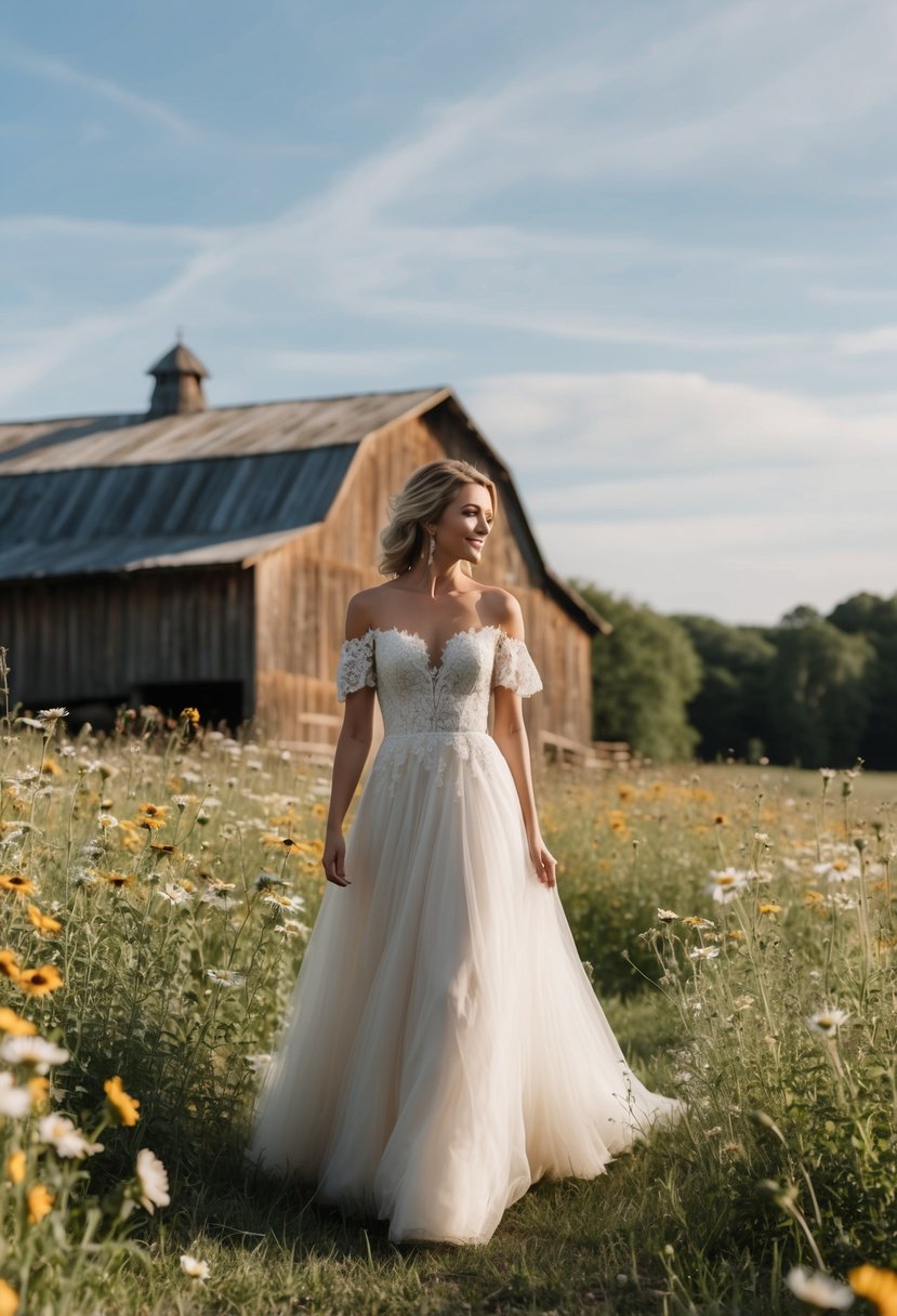 A rustic barn setting with wildflowers and a flowing, off-the-shoulder wedding dress