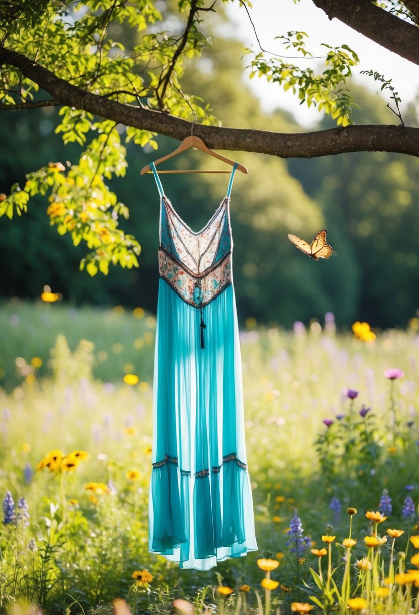 A flowing boho dress hangs from a tree branch in a sun-dappled forest clearing. Wildflowers and butterflies surround it, creating an ethereal atmosphere