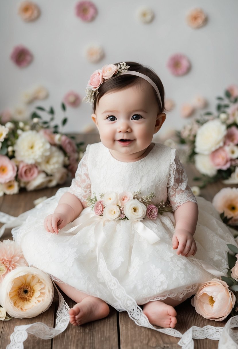 A baby girl in a white lace wedding dress with floral embellishments, surrounded by soft pastel flowers and delicate lace ribbons