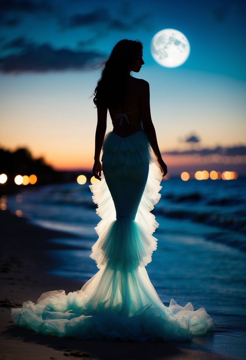 A mermaid silhouette with a flowing tulle train cascading down a moonlit beach at night