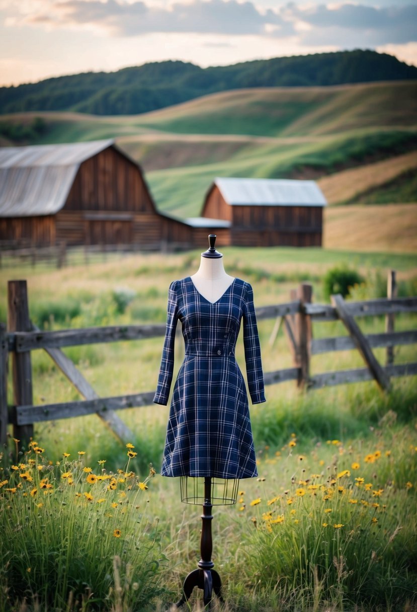 A rustic barn setting with rolling hills, a wooden fence, and wildflowers. The focal point is a mannequin wearing a plaid accent dress