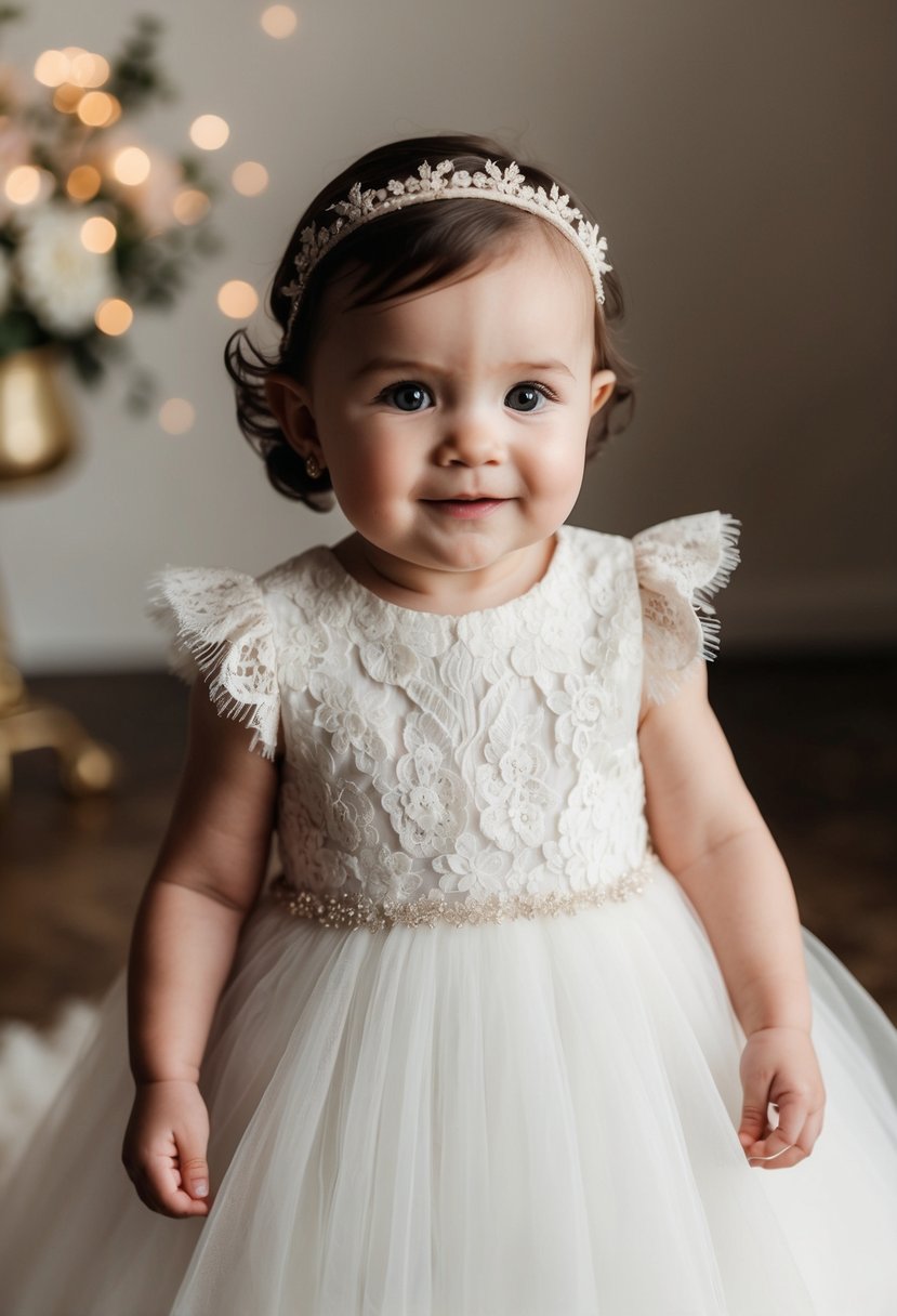 A delicate lace bodice with flutter sleeves adorns a tiny 6-month baby girl wedding dress, exuding vintage charm