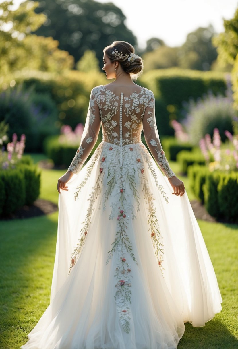 A flowing wedding dress adorned with intricate floral embroidery, inspired by a lush garden