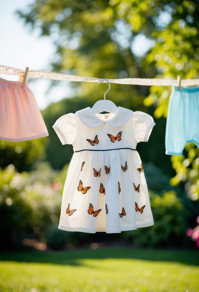 A delicate cotton baby dress with a butterfly print hangs on a clothesline in a sunny garden