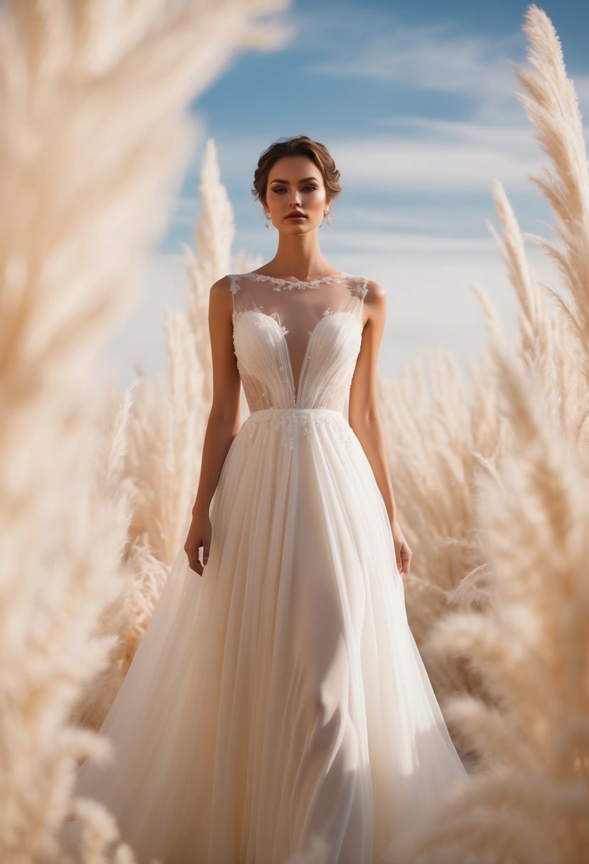 A flowing ethereal gown with a delicate illusion neckline, surrounded by soft, glowing light and ethereal surroundings