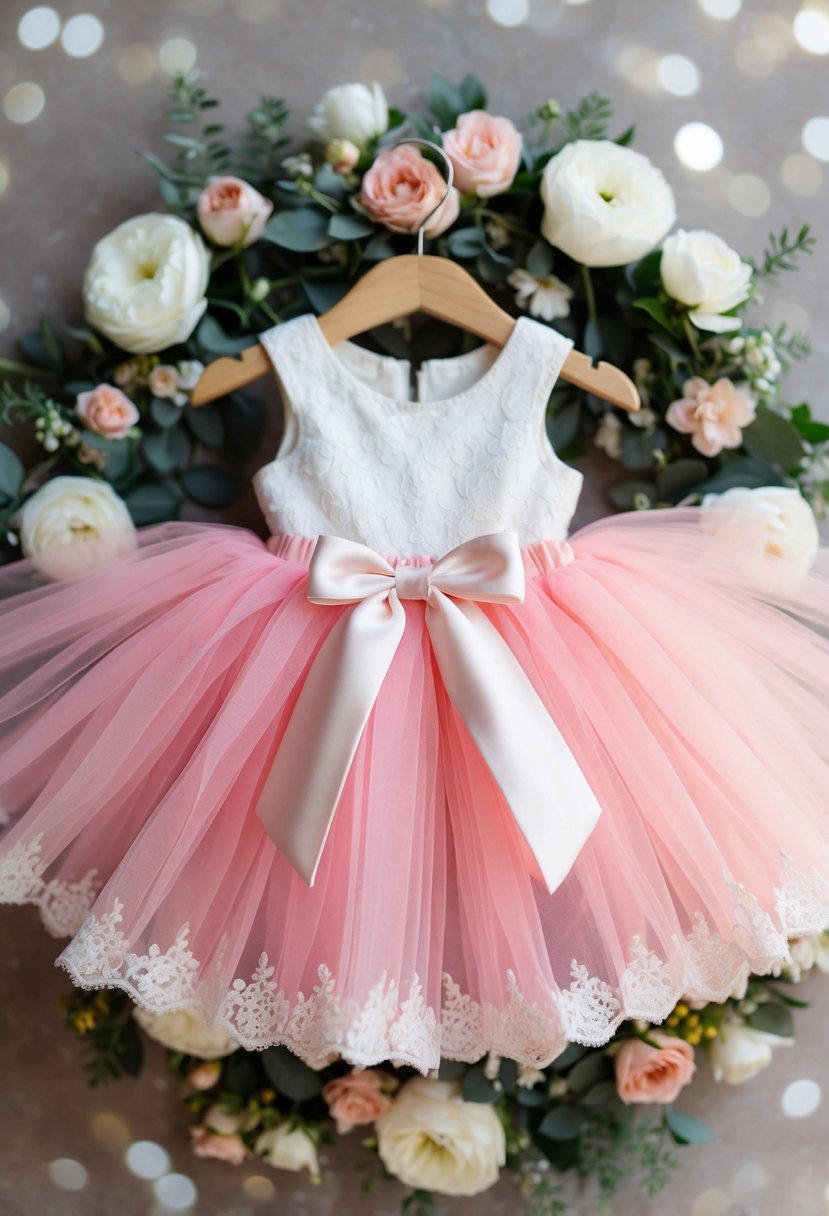 A delicate pink tutu dress with a satin bow, surrounded by floral and lace accents, perfect for a 6-month-old baby girl's wedding attire