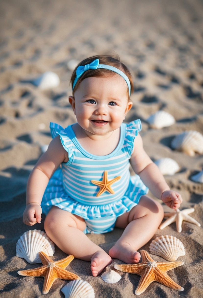 A baby girl in a seaside-themed bodysuit with a skirt, surrounded by seashells and starfish on a sandy beach