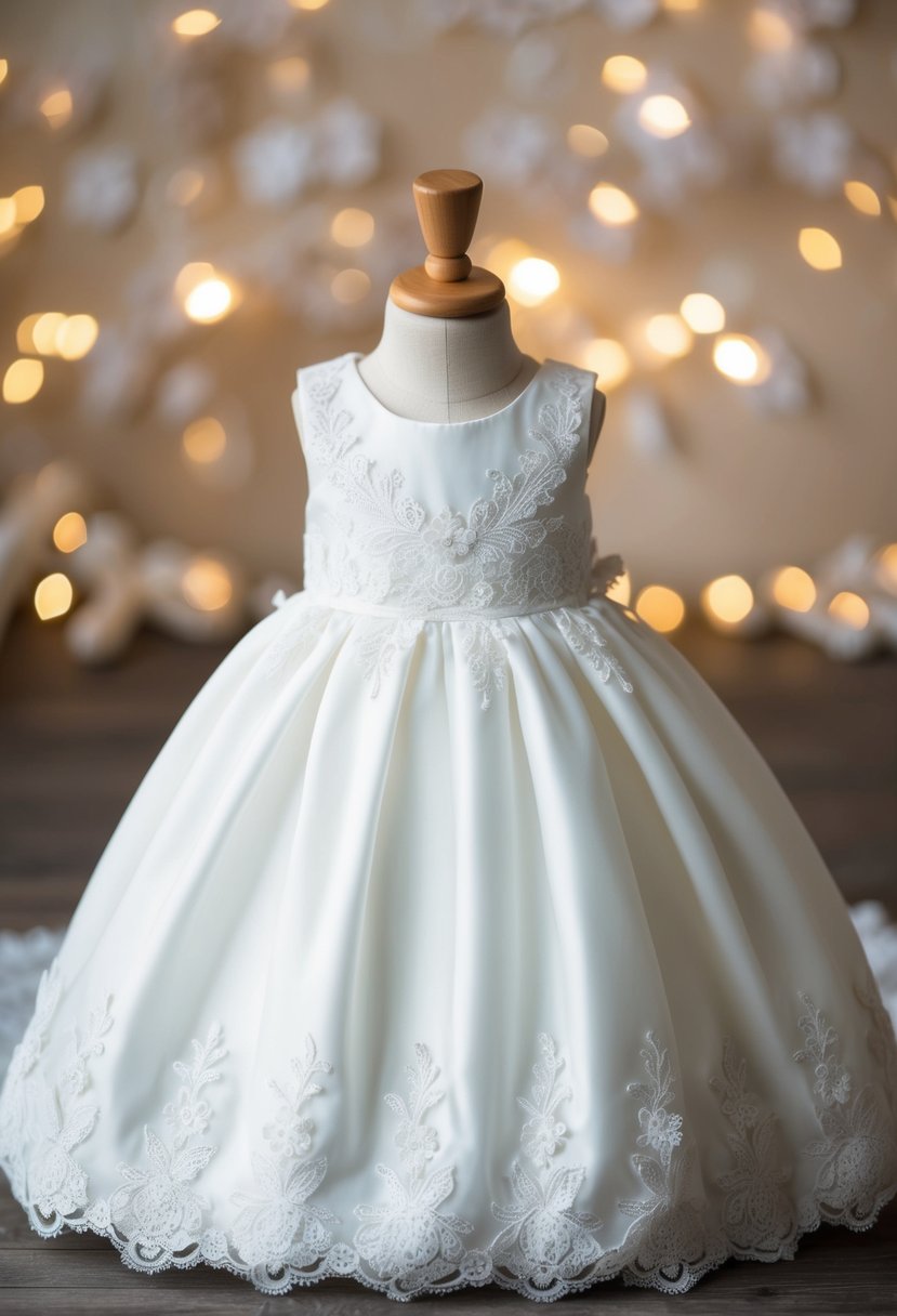 A delicate white baby dress adorned with intricate lace applique, perfect for a 6-month-old girl's wedding attire