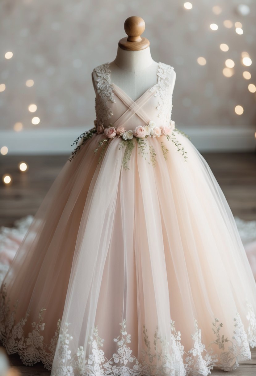 A delicate lace and tulle gown in soft pastel hues, adorned with tiny floral appliques and a crisscross bodice, perfect for a 6-month-old baby girl's wedding attire