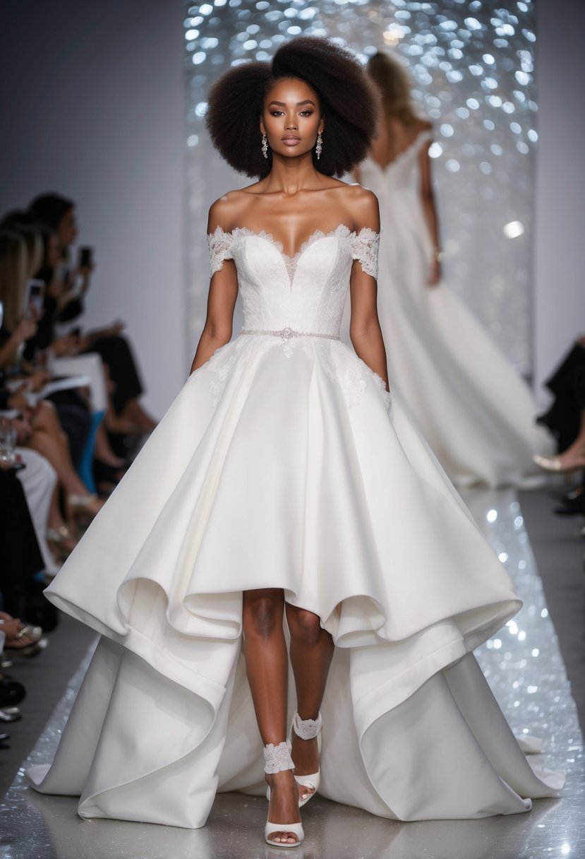 A model in a voluminous, off-the-shoulder wedding gown with a high-low hem and lace details struts down the runway, exuding 90s glamour