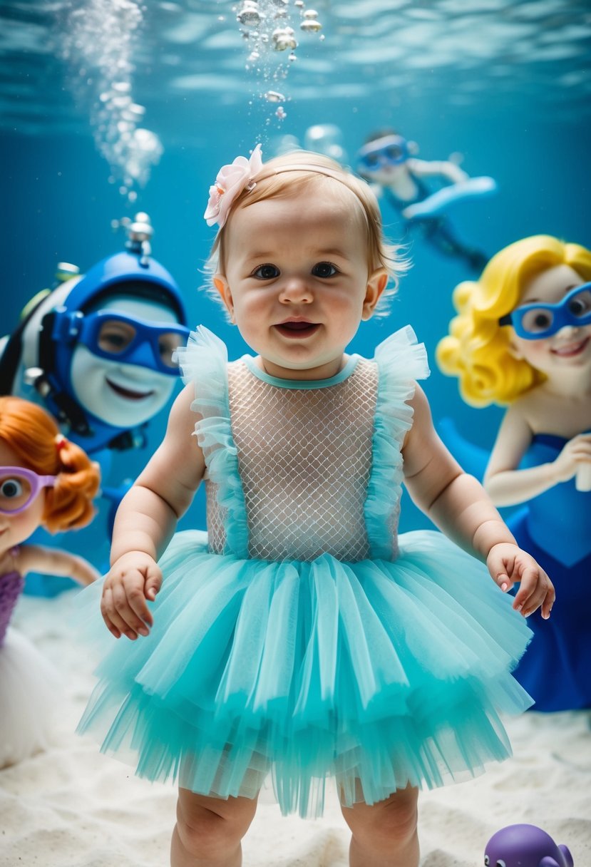 A baby girl in a mesh ruffle dress surrounded by underwater characters at a wedding