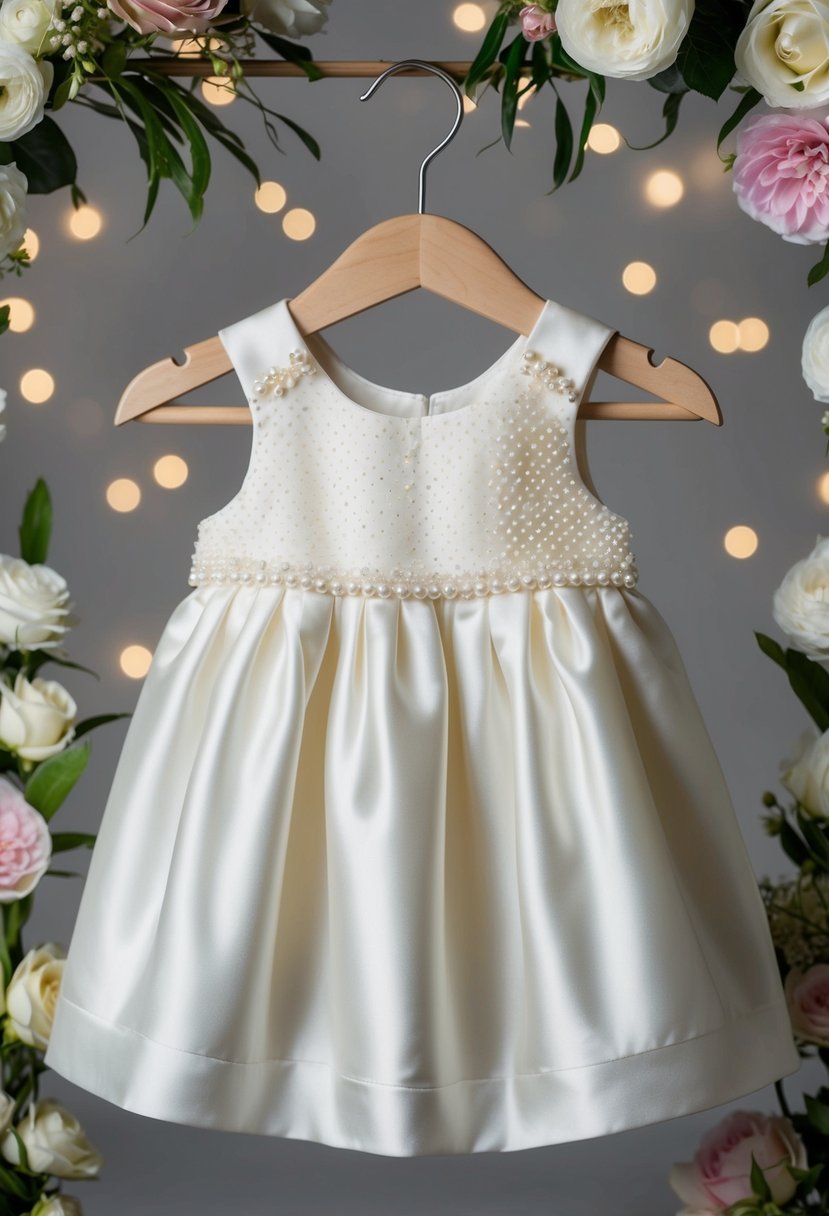 A 6-month-old baby girl's satin dress with delicate pearl details, draped over a hanger, surrounded by floral accents and soft lighting