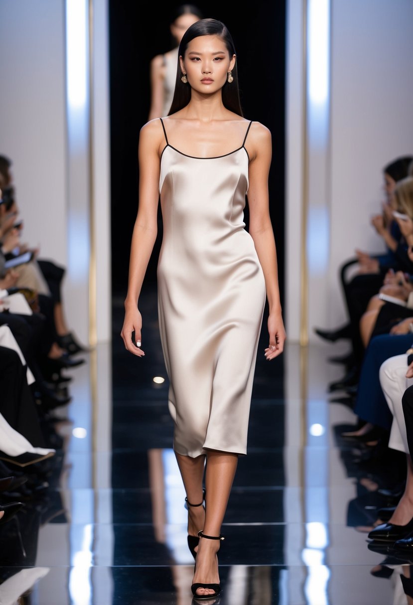 A model walks down a 90s runway in a sleek Bottega Veneta slip dress, exuding elegance and sophistication