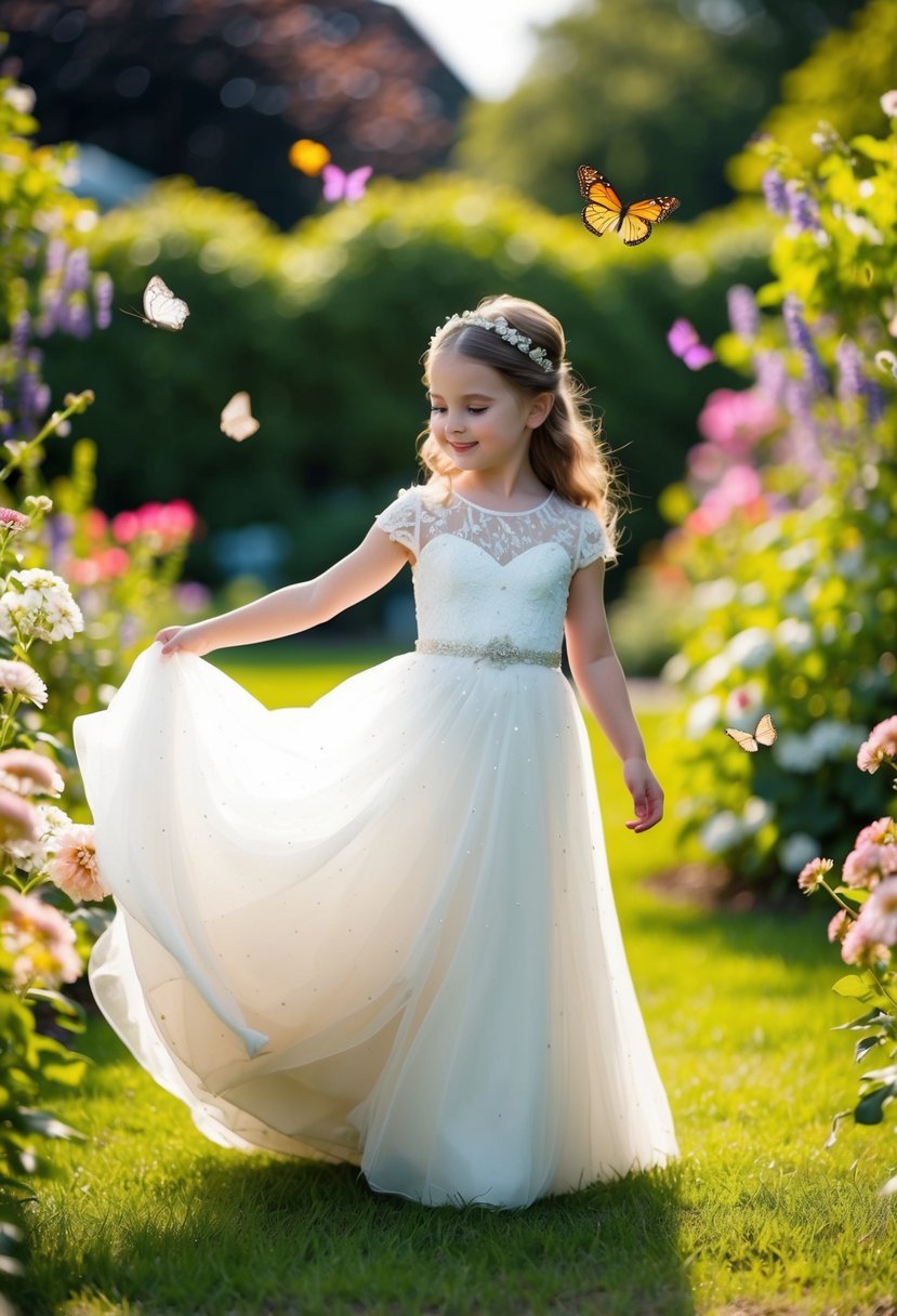 A young girl twirls in a garden, surrounded by blooming flowers and butterflies, wearing a flowing white wedding dress with delicate lace and sparkles