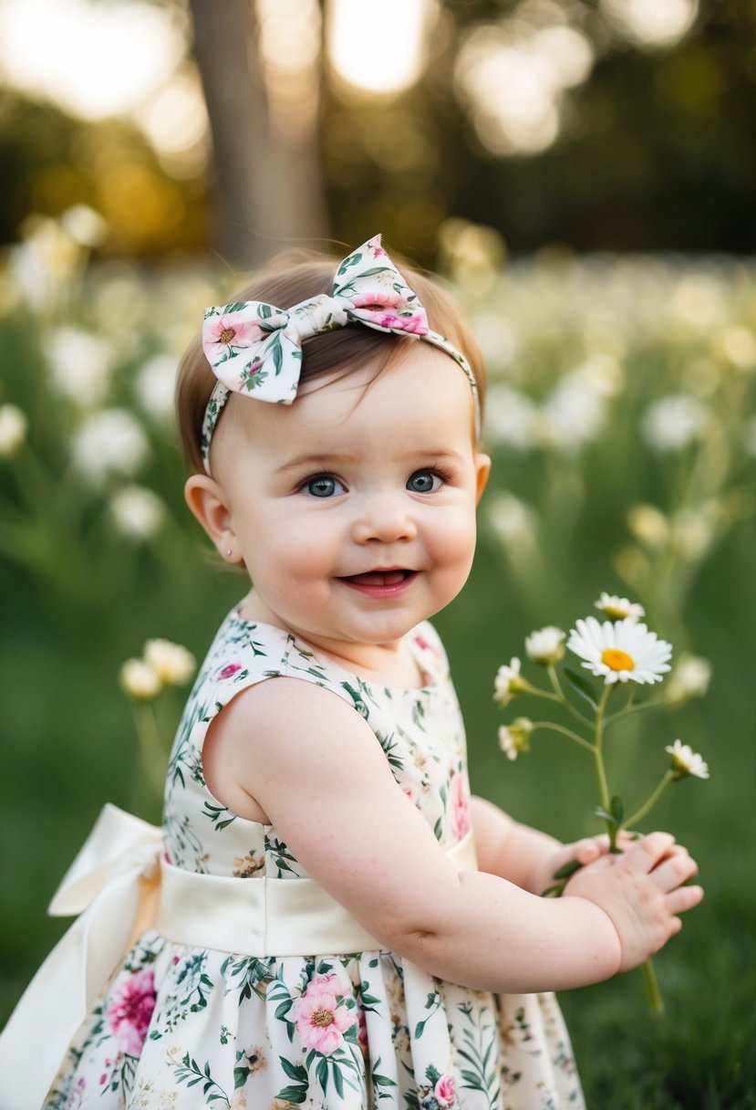 A delicate floral printed dress with a matching headband, perfect for a 6-month-old baby girl's wedding attire