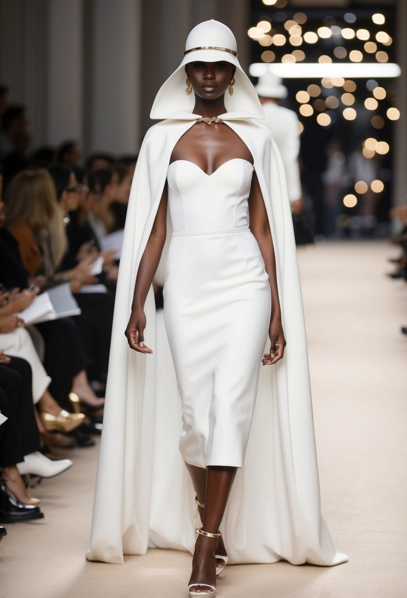 A model in a Ferragamo caped white dress struts down a 90s runway, exuding elegance and sophistication