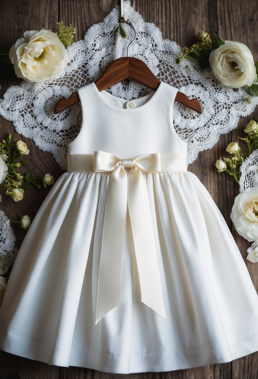 A white baby dress with a ribbon sash hangs on a wooden hanger, surrounded by delicate lace and floral accents