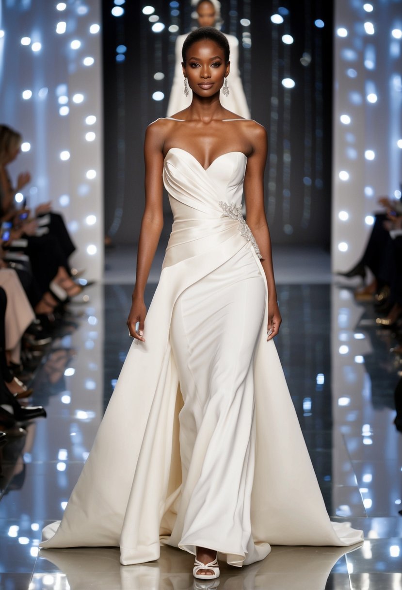 A model in a Vera Wang asymmetric gown walks down a 90s runway, showcasing elegant wedding dress ideas