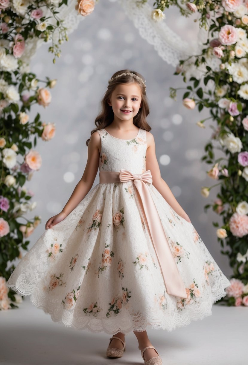 A 9-year-old girl twirls in a floral lace gown with a satin sash, surrounded by blooming flowers and delicate lace details